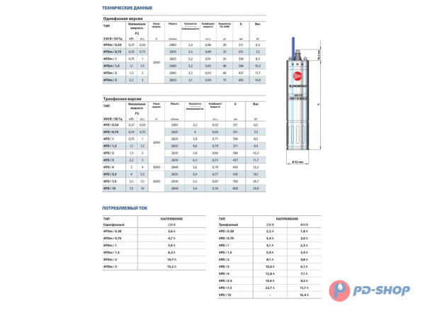 Двигатель погружной Pedrollo 4PD 0,5